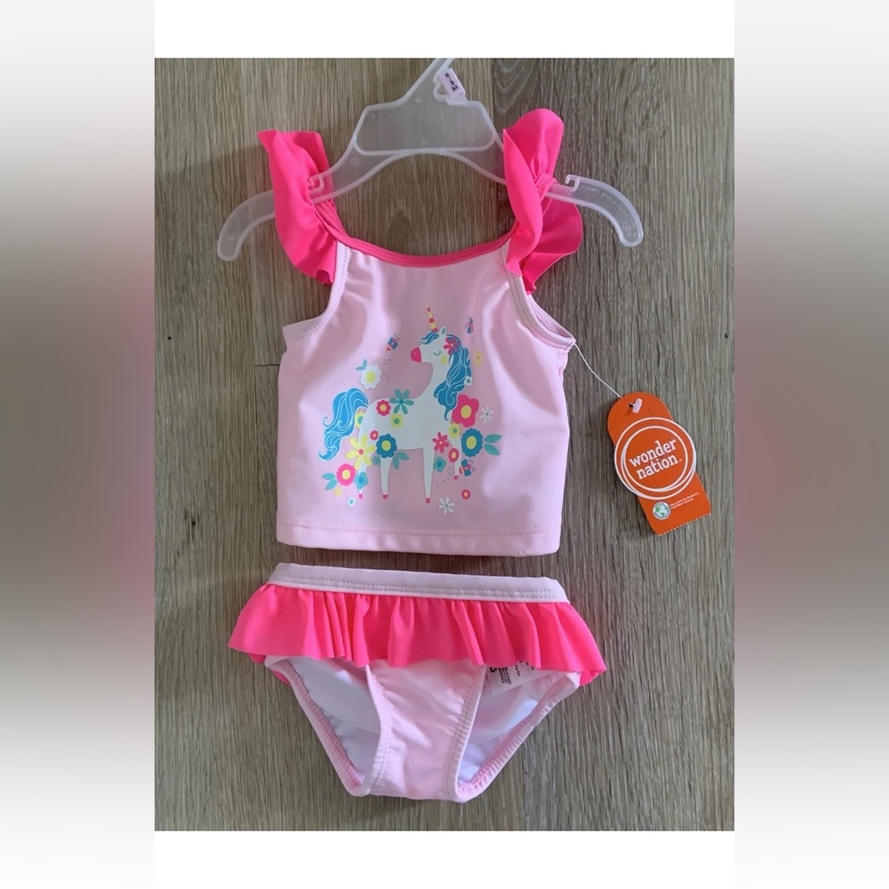 (NWT) Wonder Nation Girl’s Size 3-6 Months Pink 2Pc Swimsuit With Unicorn